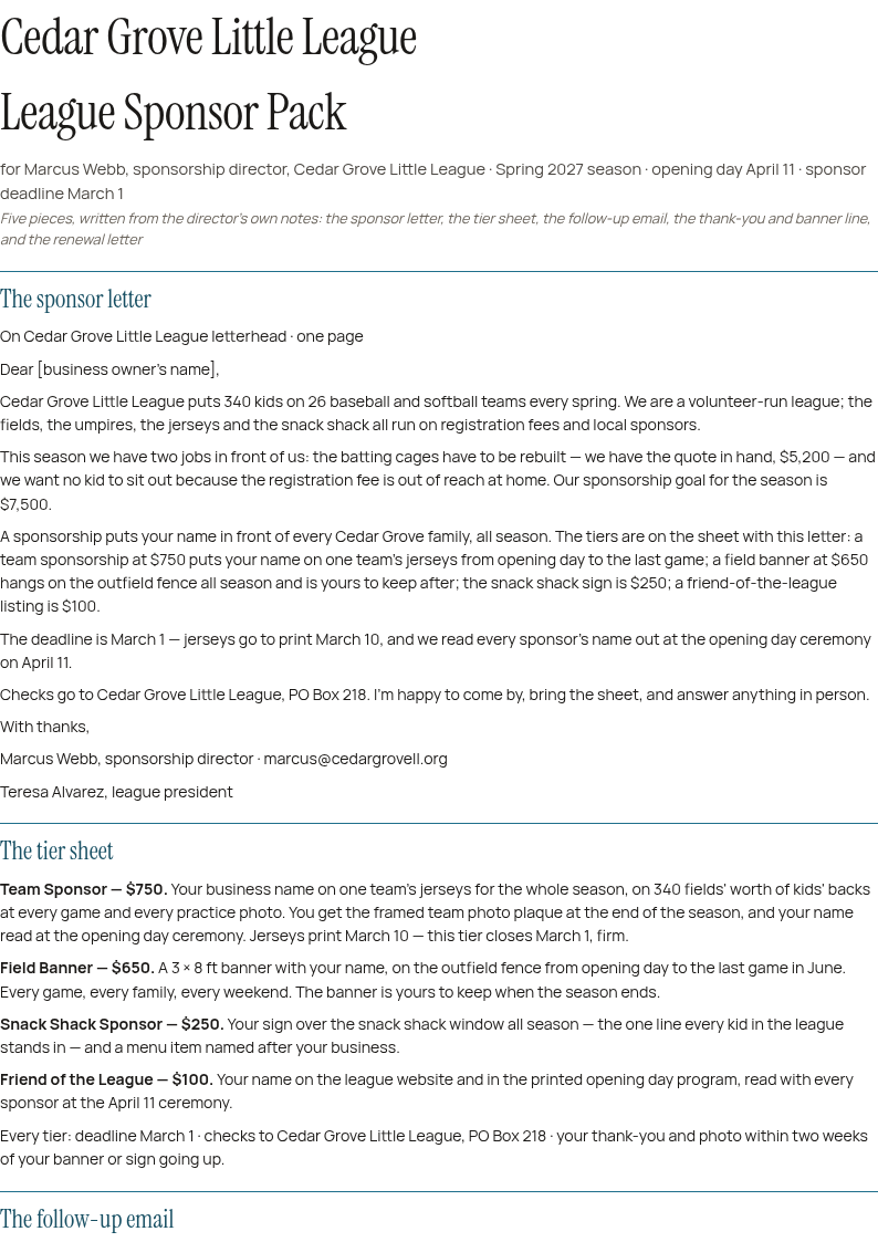 The sample sponsor pack, page one of the PDF proof